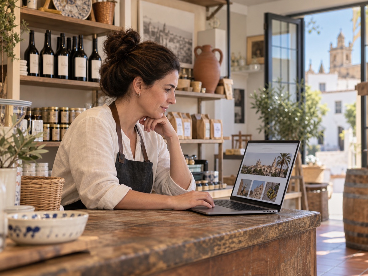 Local business owner reviewing a website on a laptop