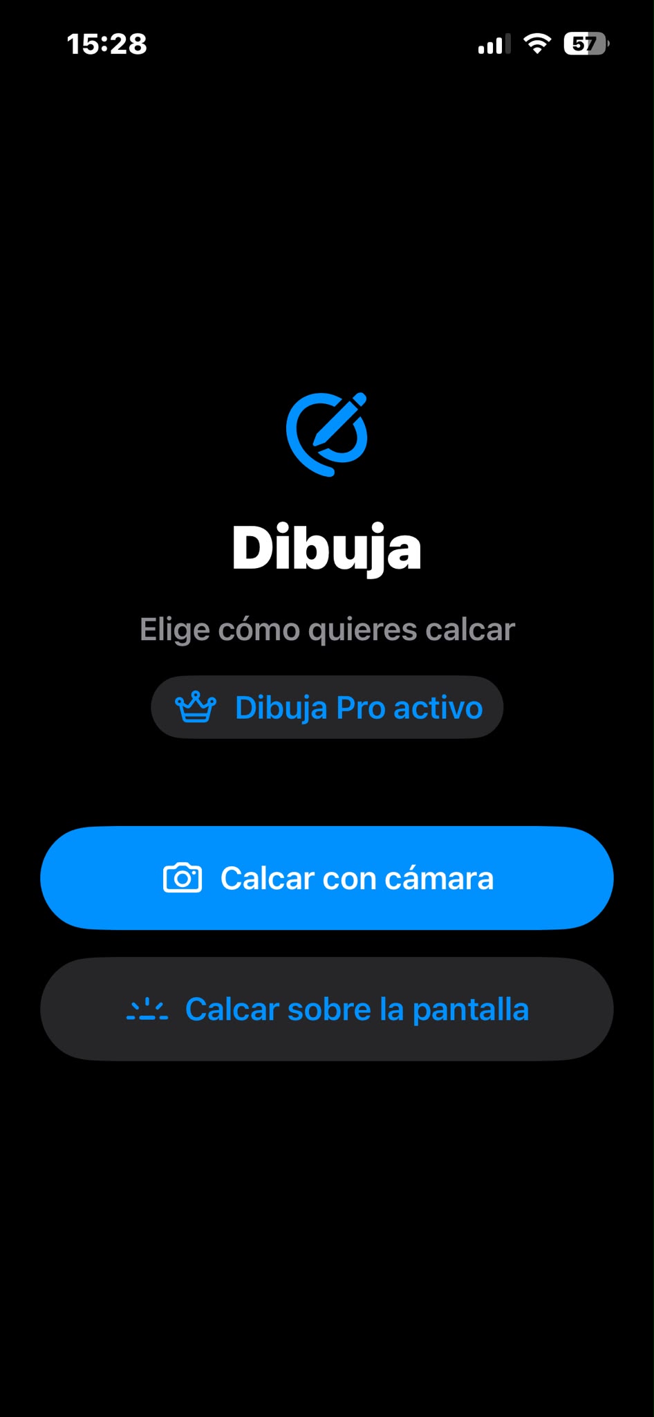 Dibuja home screen showing the Trace with camera and Trace on screen options