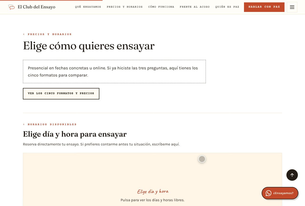 Section to choose format, day and time at El Club del Ensayo