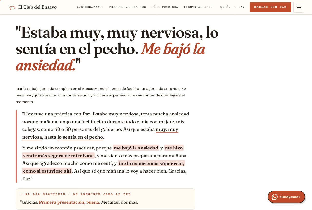 María's testimonial on the El Club del Ensayo website