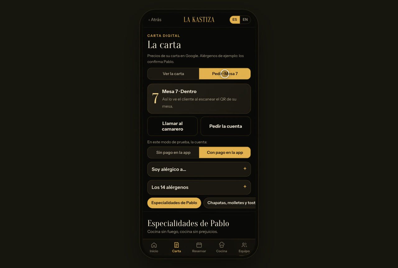 Carta digital de La Kastiza con filtros de alérgenos
