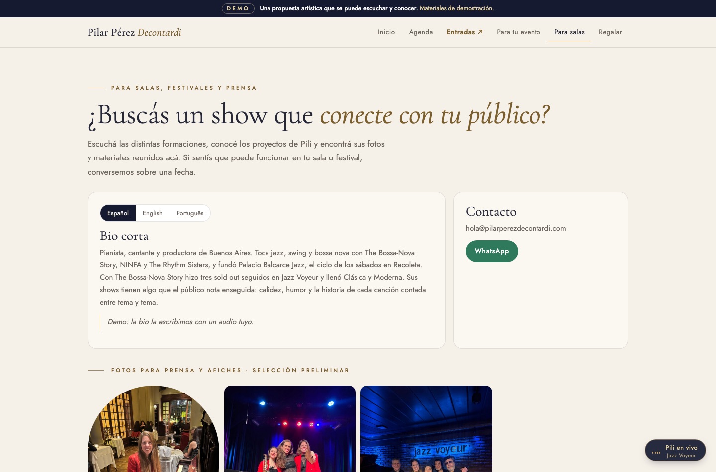 Venue press-kit concept with biography and photography