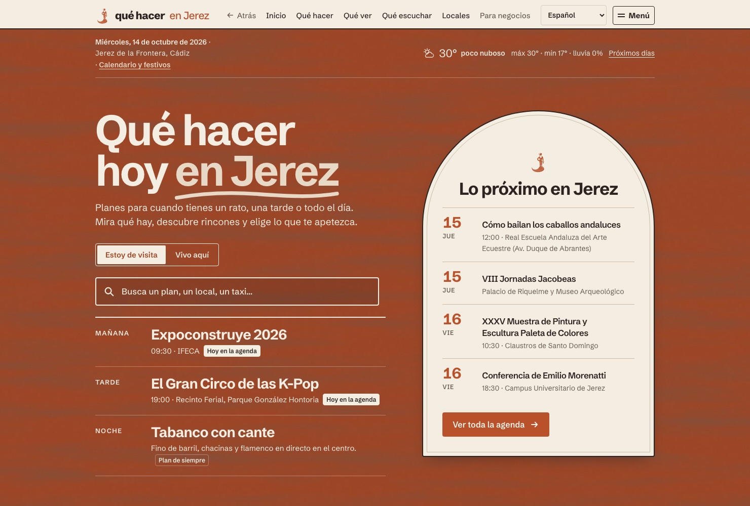 Real Qué Hacer en Jerez homepage with local events, search and terracotta colours